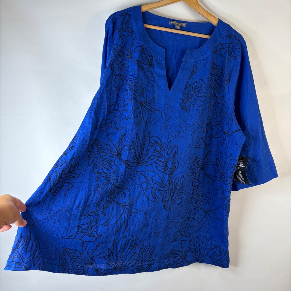 Jessica London Tunic Top Women 26W Royal Blue Embroidered Leaf Linen Blend - Picture 5 of 8